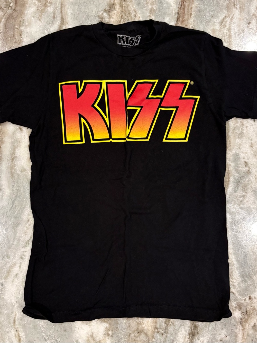 KISS Black Tee with Red and Yellow Gradient Logo